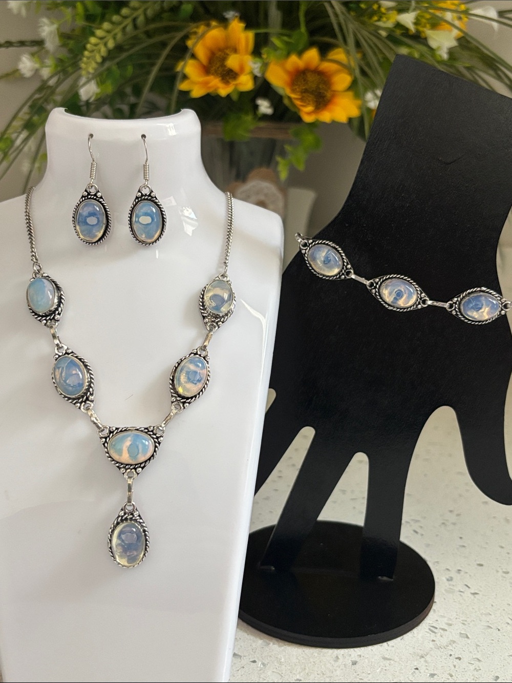 Ethnic Artisan Handcrafted Rainbow Moonstone Necklace, Bracelet & Earrings Set.